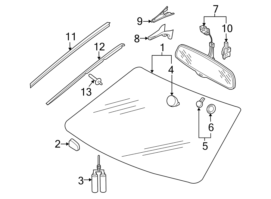 Windshield. Bumper & components. Glass. Reveal moldings.