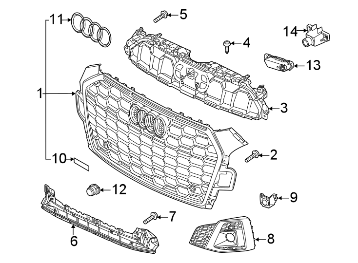 Front bumper & grille. Grille & components.