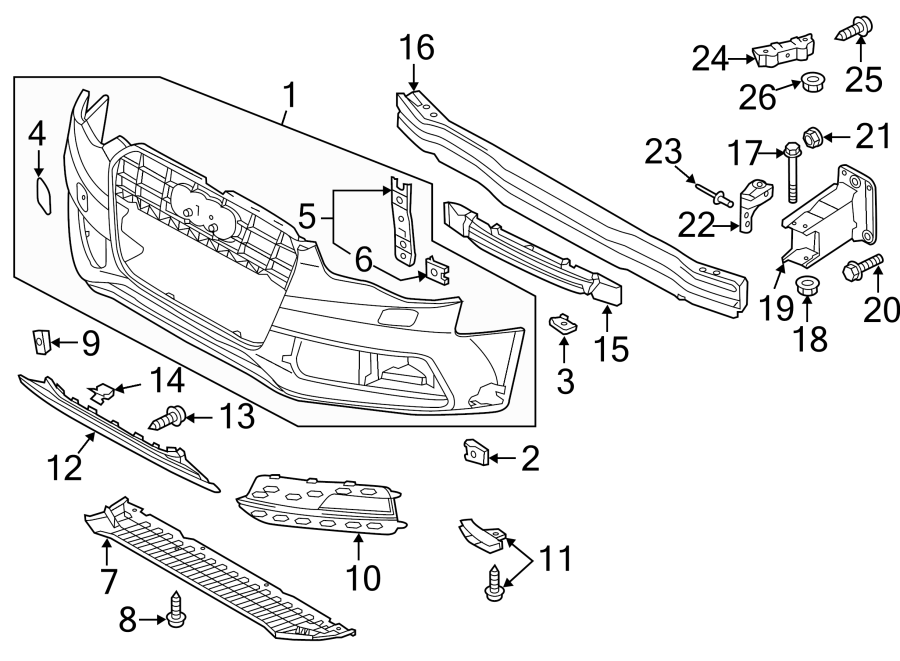 Front bumper & grille. Bumper & components.