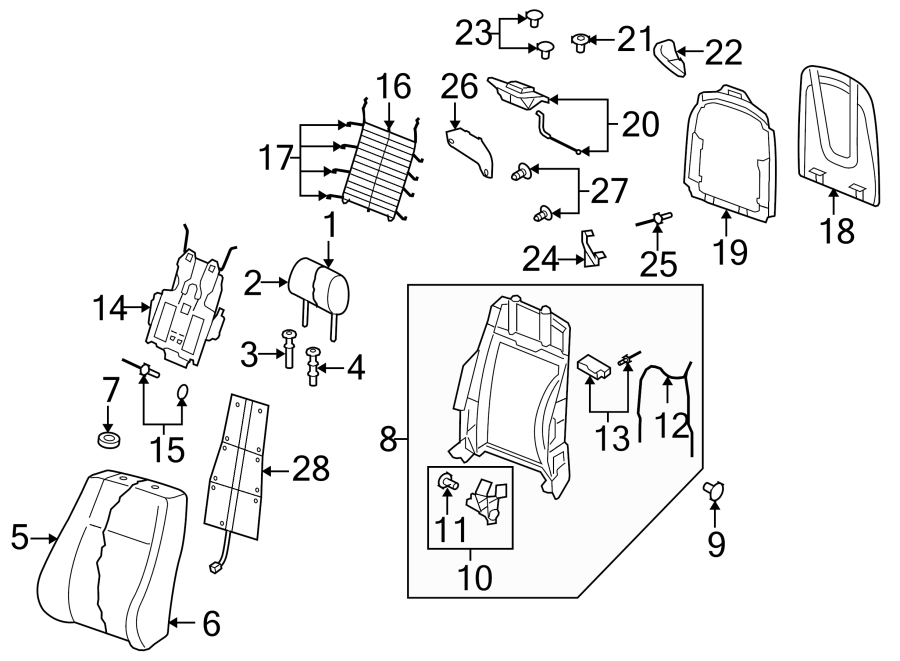 Seats & tracks. Steering column. Front seat components.