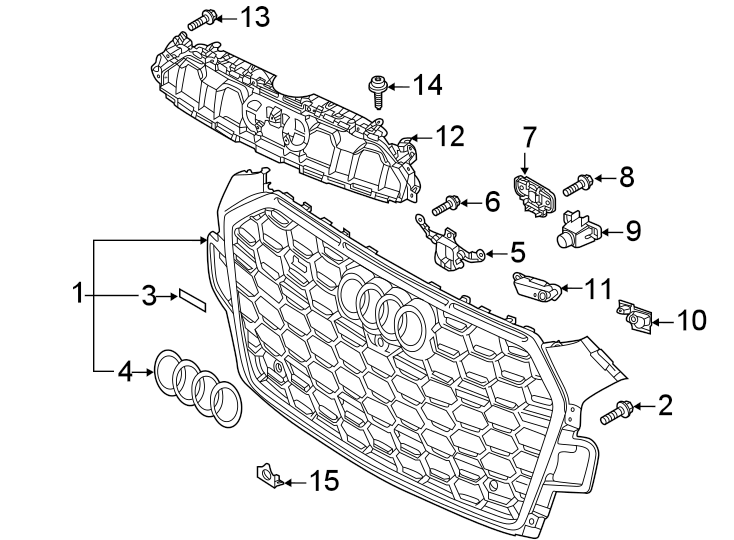 Front bumper & grille. Grille & components.