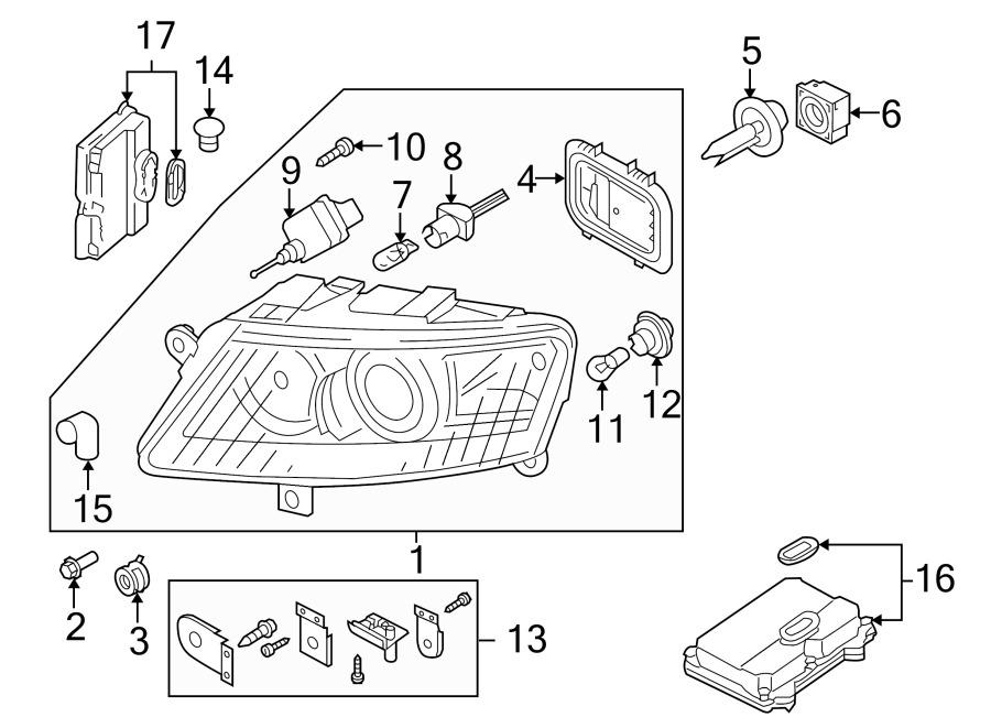 Diagram FRONT LAMPS. HEADLAMP COMPONENTS. for your Audi RSQ8  