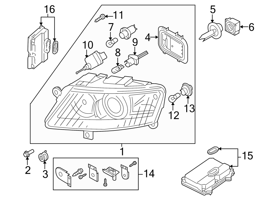 Diagram FRONT LAMPS. HEADLAMP COMPONENTS. for your Audi RSQ8  