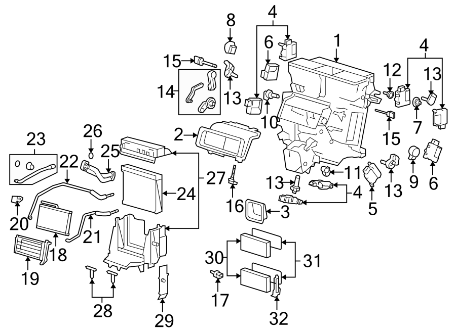 Air conditioner & heater. Evaporator & heater components.