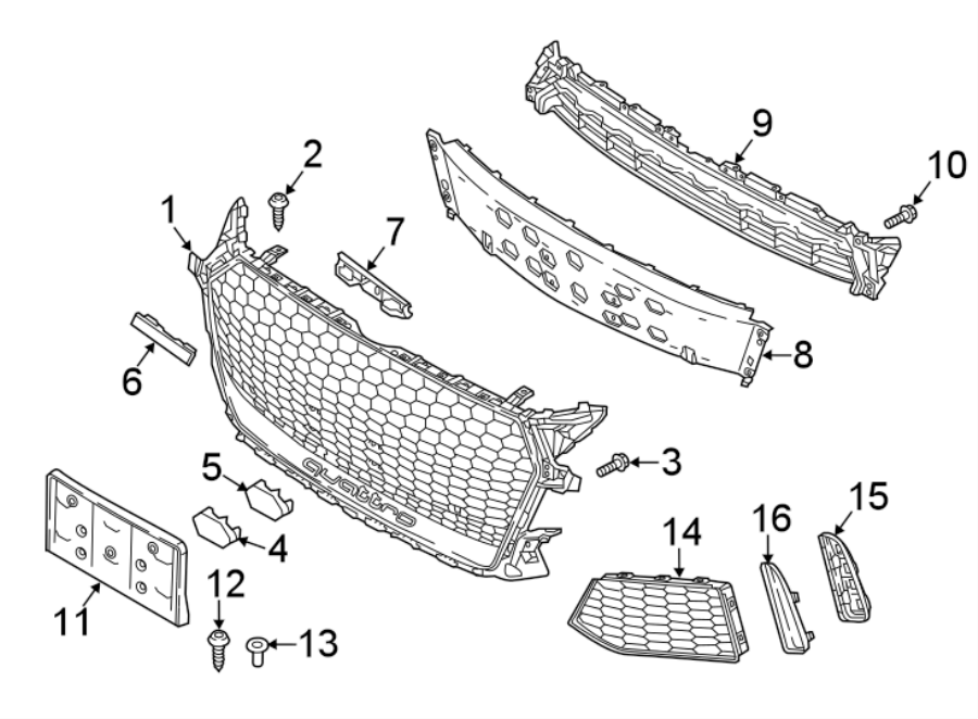 Diagram FRONT BUMPER & GRILLE. GRILLE & COMPONENTS. for your Audi RS5  