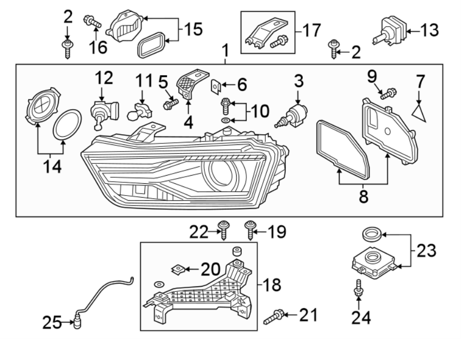 Diagram FRONT LAMPS. HEADLAMP COMPONENTS. for your Audi RSQ8  