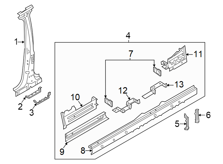 4Pillars. Rocker & floor. Center pillar & rocker.https://images.simplepart.com/images/parts/motor/fullsize/1386675.png