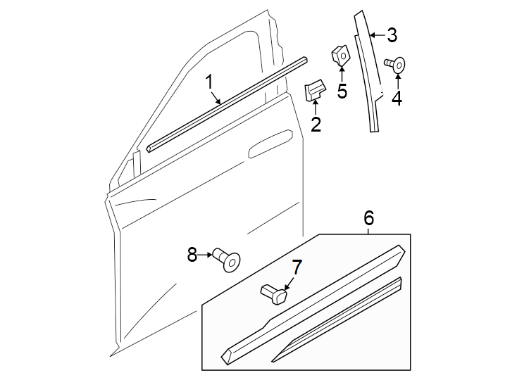 1Front door. Exterior trim.https://images.simplepart.com/images/parts/motor/fullsize/1386735.png