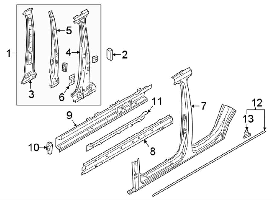 11PILLARS. ROCKER & FLOOR. CENTER PILLAR & ROCKER. EXTERIOR TRIM.https://images.simplepart.com/images/parts/motor/fullsize/1387645.png