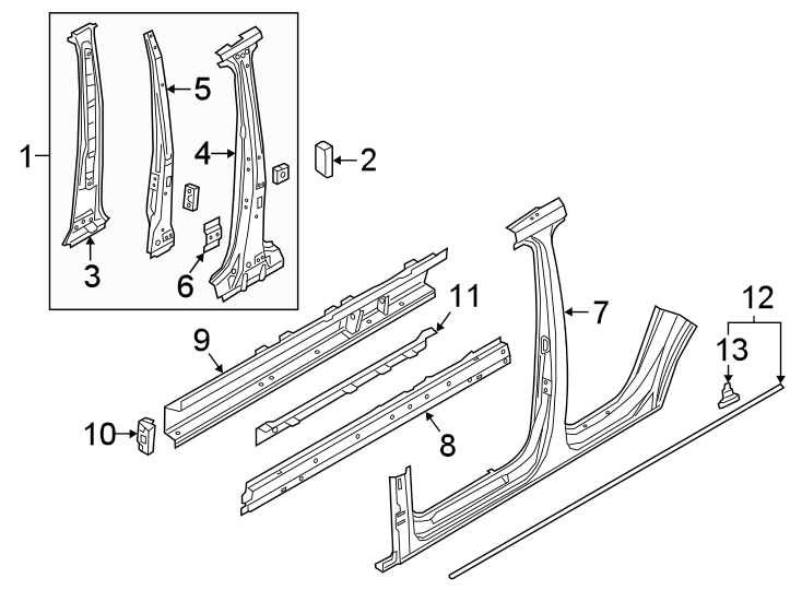 11Pillars. Rocker & floor. Center pillar & rocker. Exterior trim.https://images.simplepart.com/images/parts/motor/fullsize/1387647.png