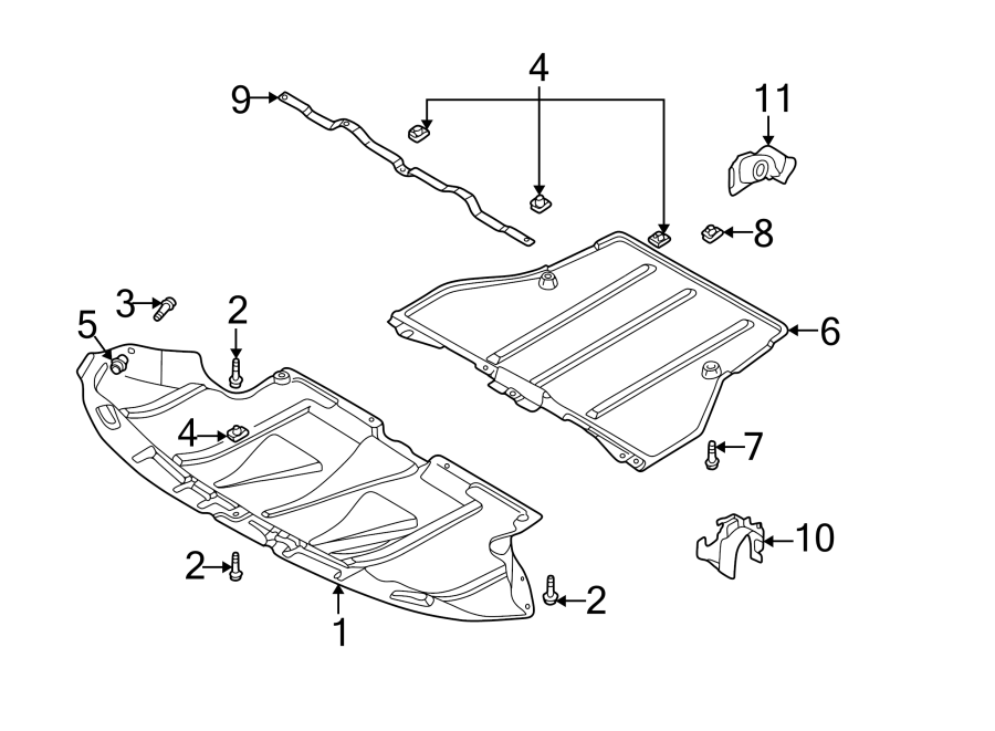 RADIATOR SUPPORT. SPLASH SHIELDS.