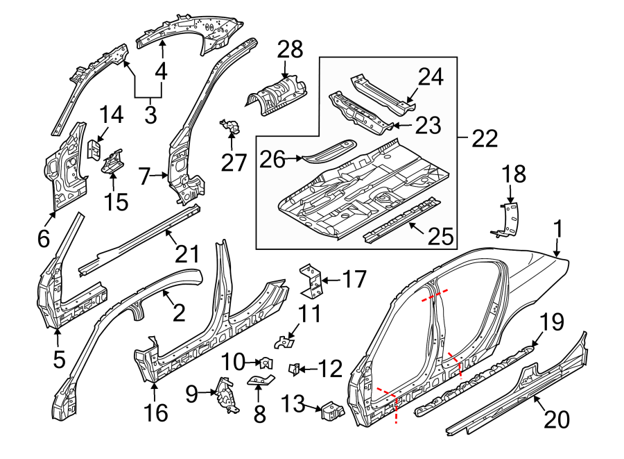 28Pillars. Rocker & floor. Center pillar & rocker. Hinge pillar. Uniside.https://images.simplepart.com/images/parts/motor/fullsize/1912590.png