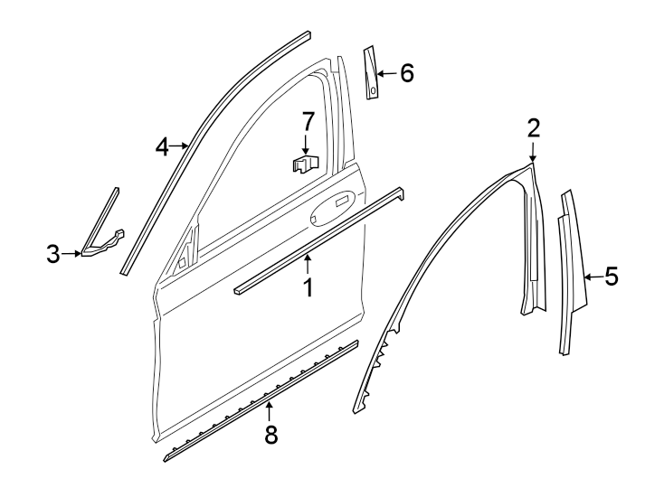 8Front door. Exterior trim.https://images.simplepart.com/images/parts/motor/fullsize/1924682.png