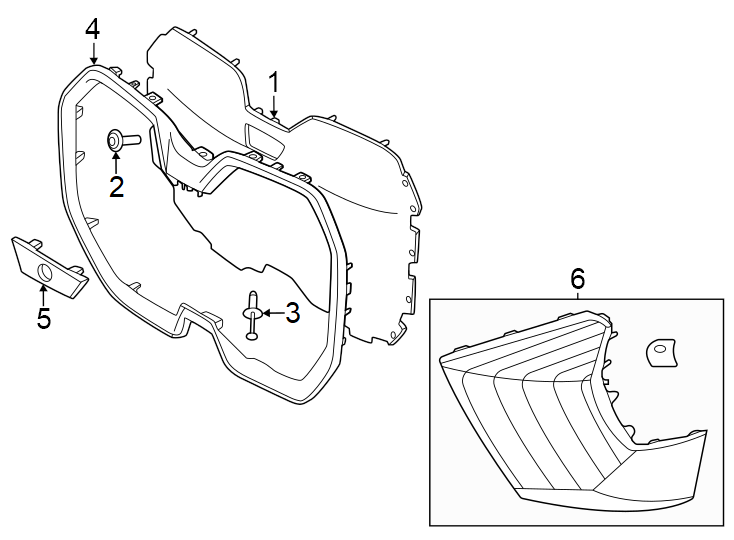 6Front bumper & grille. Grille & components.https://images.simplepart.com/images/parts/motor/fullsize/1927033.png