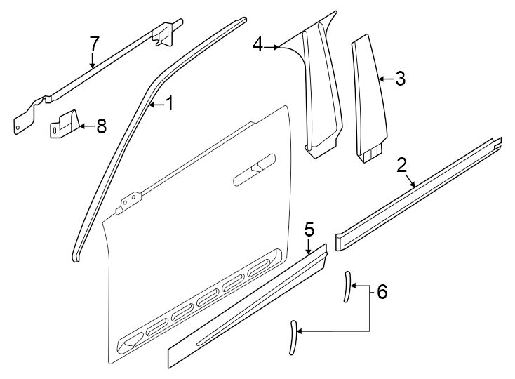 1Front door. Exterior trim.https://images.simplepart.com/images/parts/motor/fullsize/1927700.png