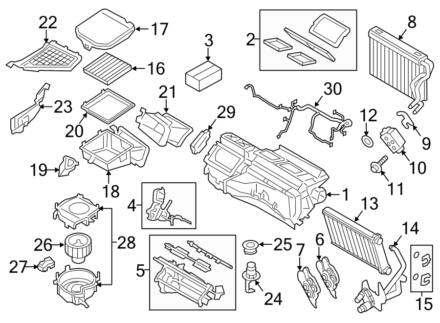 22Air conditioner & heater. Evaporator & heater components.https://images.simplepart.com/images/parts/motor/fullsize/1936145.png