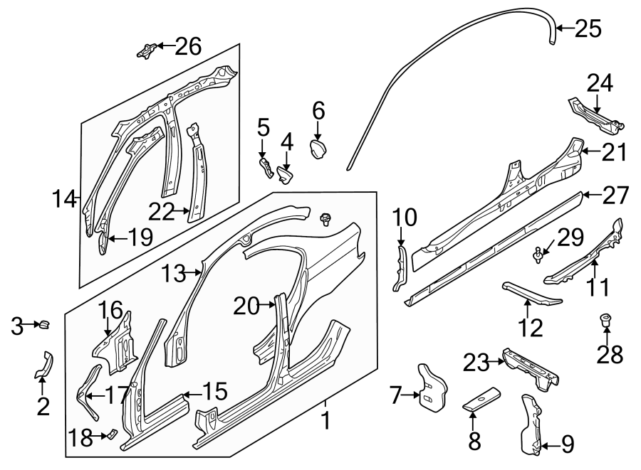 28Pillars. Rocker & floor. Center pillar & rocker. Exterior trim. Uniside.https://images.simplepart.com/images/parts/motor/fullsize/1941470.png