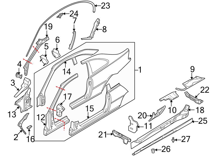 15Pillars. Rocker & floor. Exterior trim. Hinge pillar. Uniside.https://images.simplepart.com/images/parts/motor/fullsize/1945478.png