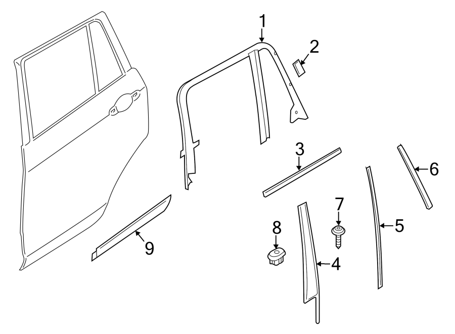 9REAR DOOR. EXTERIOR TRIM.https://images.simplepart.com/images/parts/motor/fullsize/1954580.png