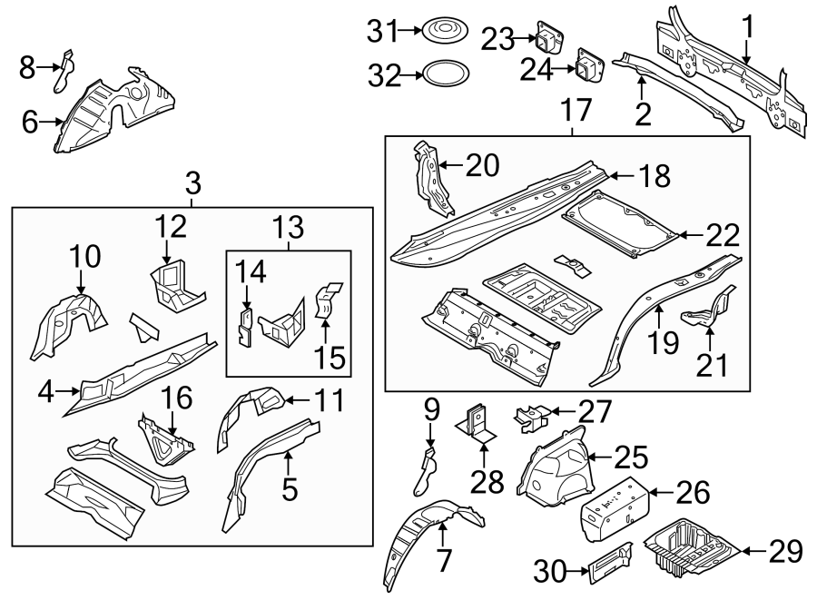 Rear body & floor. Windshield.