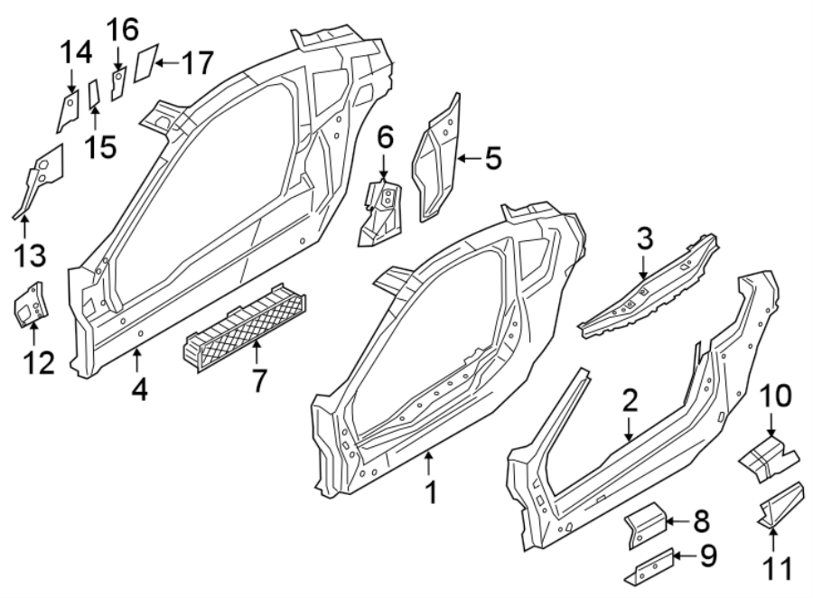 11Pillars. Rocker & floor. Aperture panel.https://images.simplepart.com/images/parts/motor/fullsize/1997340.png