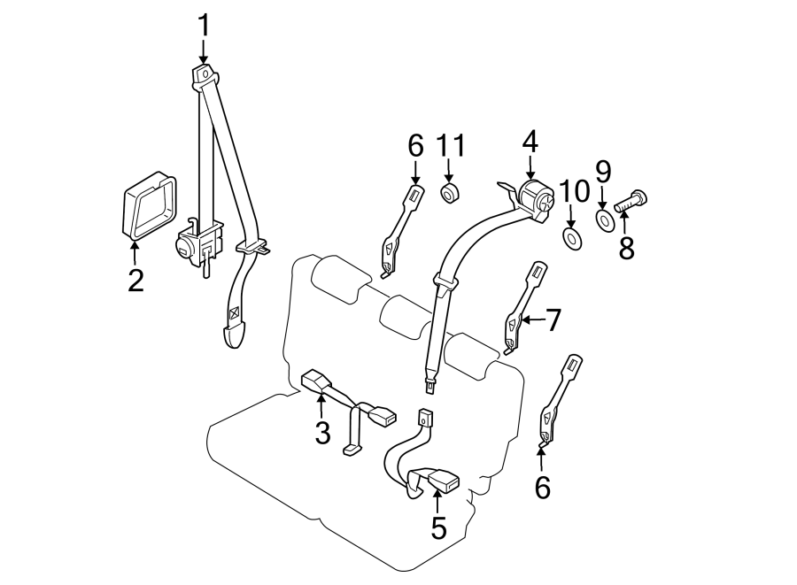 11RESTRAINT SYSTEMS. REAR SEAT BELTS.https://images.simplepart.com/images/parts/motor/fullsize/2302370.png