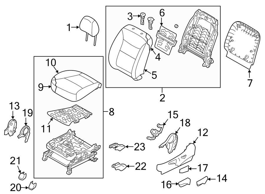 Diagram SEATS & TRACKS. DRIVER SEAT COMPONENTS. for your 2021 Kia Forte   