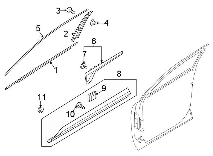 10Front door. Exterior trim.https://images.simplepart.com/images/parts/motor/fullsize/2313582.png