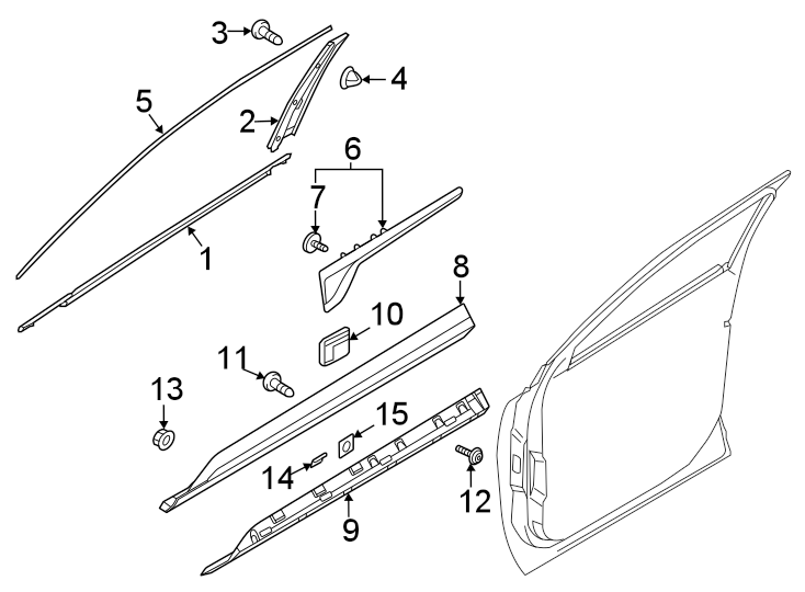 11Front door. Exterior trim.https://images.simplepart.com/images/parts/motor/fullsize/2313583.png