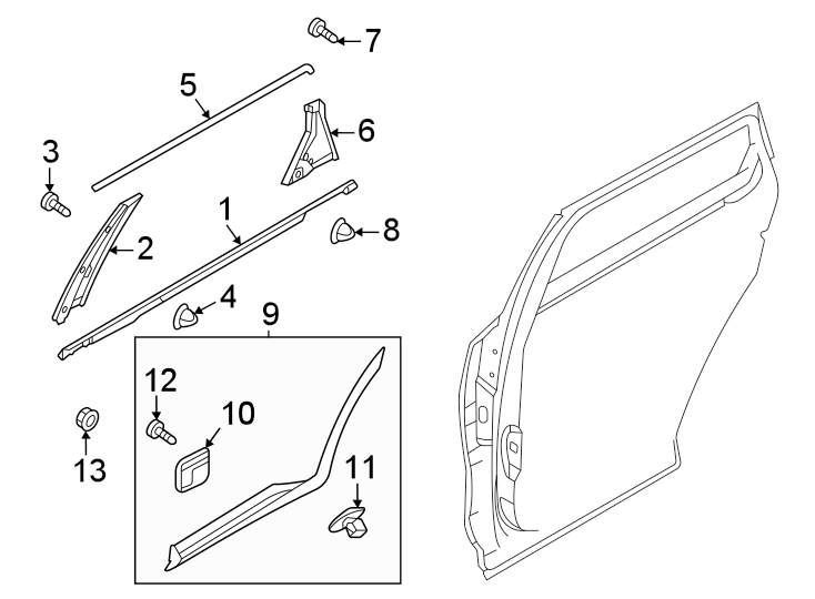 11Rear door. Exterior trim.https://images.simplepart.com/images/parts/motor/fullsize/2313622.png