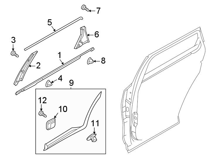 11Rear door. Exterior trim.https://images.simplepart.com/images/parts/motor/fullsize/2313632.png