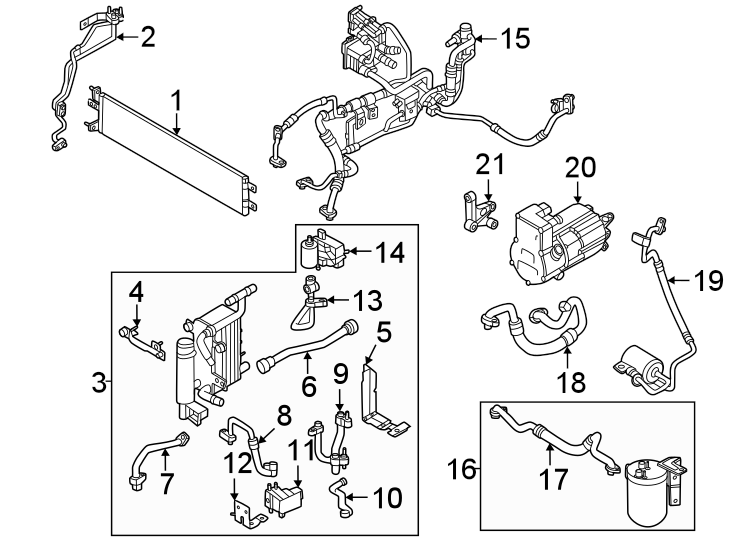 21Air conditioner & heater. Compressor & lines. Condenser.https://images.simplepart.com/images/parts/motor/fullsize/2325075.png