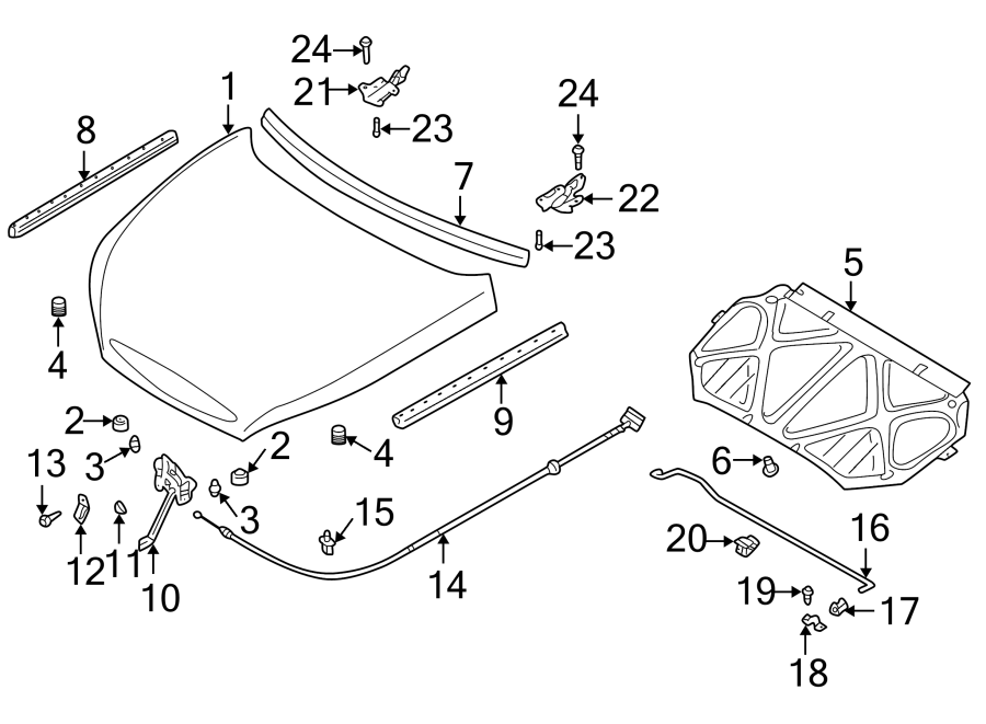 Diagram Hood & grille. Hood & components. for your 2016 Kia Forte 1.8L ULEV A/T LX Sedan 