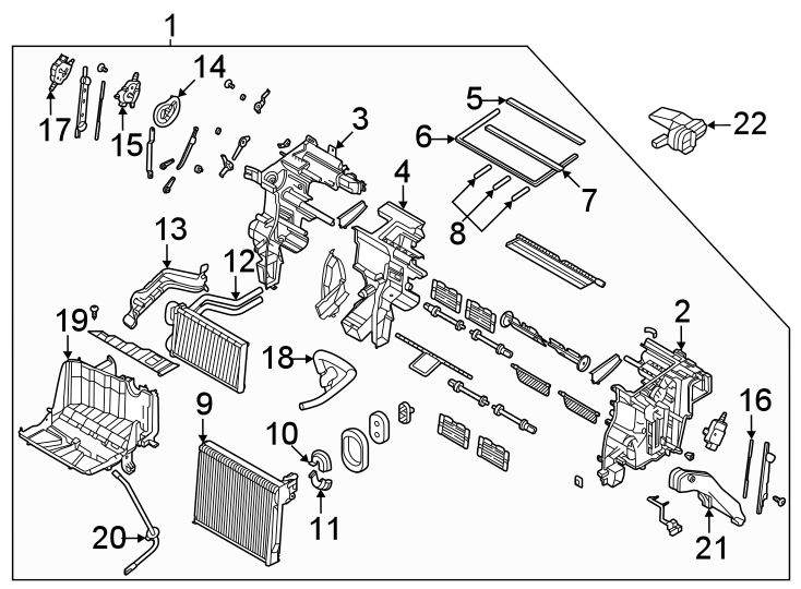 22Air conditioner & heater. Evaporator & heater components.https://images.simplepart.com/images/parts/motor/fullsize/2440095.png