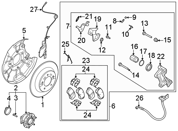 24Rear suspension. Brake components.https://images.simplepart.com/images/parts/motor/fullsize/2442660.png