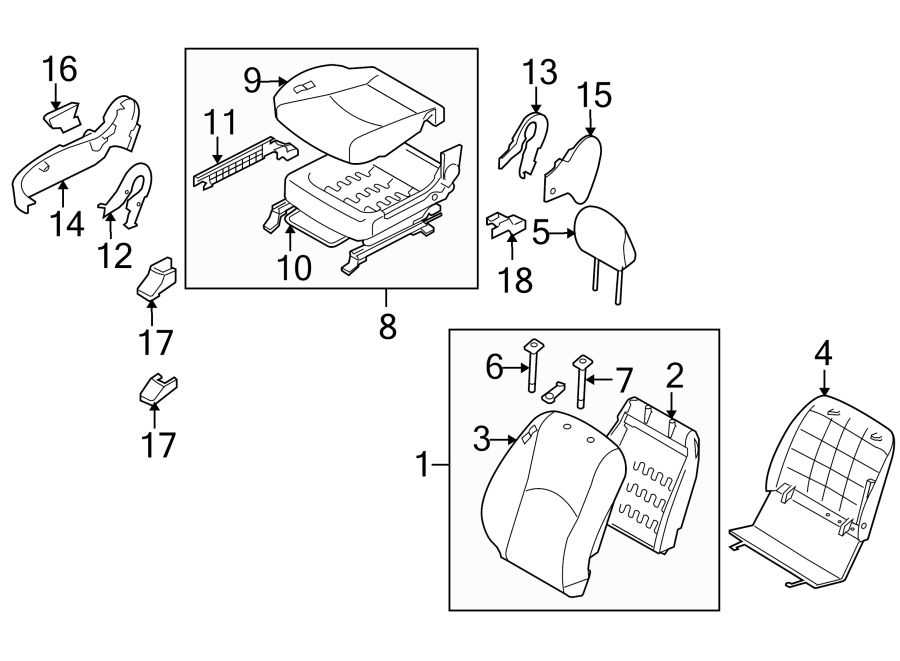 Diagram SEATS & TRACKS. FRONT SEAT COMPONENTS. for your 2018 Kia Forte   