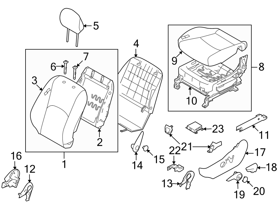 Diagram SEATS & TRACKS. FRONT SEAT COMPONENTS. for your 2018 Kia Forte   