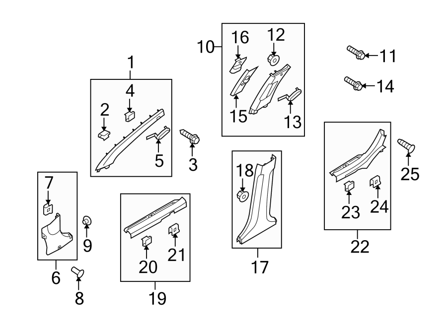 Diagram Pillars. Rocker & floor. Interior trim. for your 2012 Kia Forte 2.4L Theta II A/T SX Sedan 