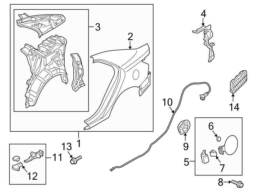 Diagram QUARTER PANEL & COMPONENTS. for your 2012 Kia Forte  LX Sedan 