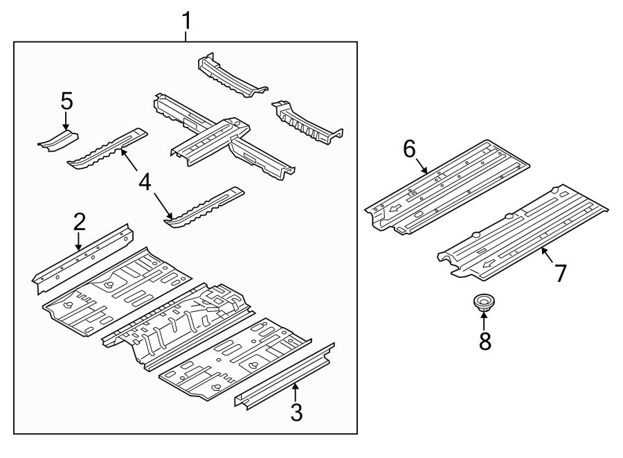 Diagram PILLARS. ROCKER & FLOOR. EXTERIOR TRIM. FLOOR & RAILS. for your 2014 Kia Forte 2.0L ULEV A/T EX Sedan 