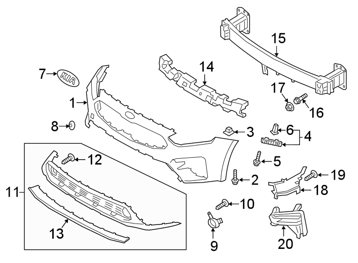 11FRONT BUMPER & GRILLE. BUMPER & COMPONENTS.https://images.simplepart.com/images/parts/motor/fullsize/2475005.png