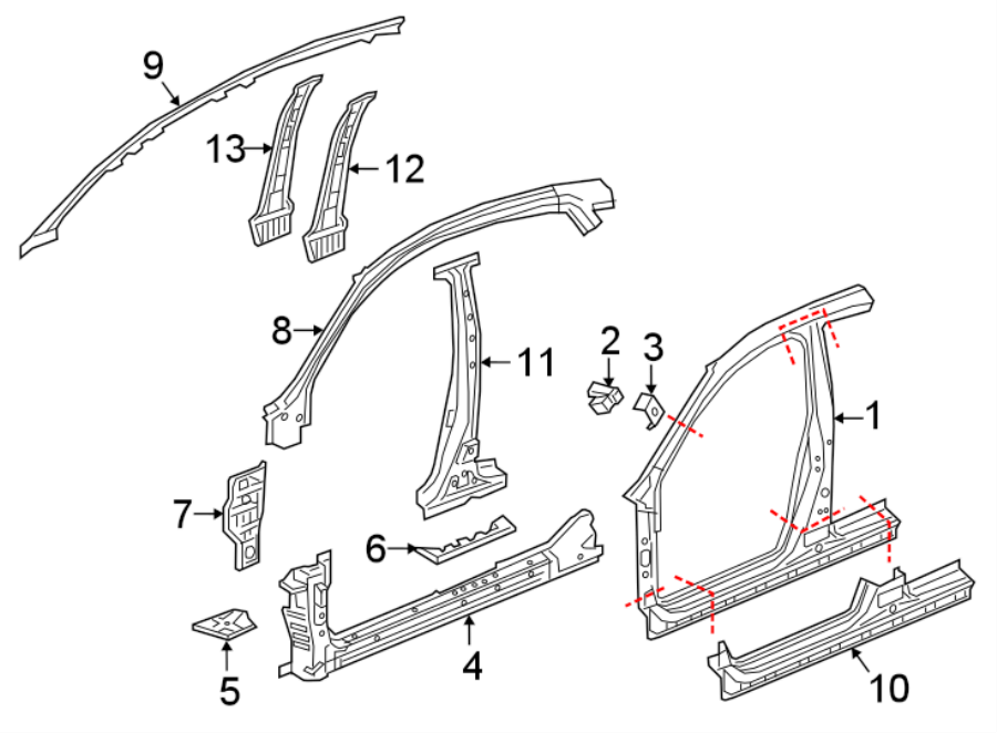 7Pillars. Rocker & floor. Aperture panel. Center pillar. Hinge pillar.https://images.simplepart.com/images/parts/motor/fullsize/4410440.png