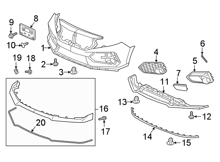 19FRONT BUMPER & GRILLE. BUMPER & COMPONENTS.https://images.simplepart.com/images/parts/motor/fullsize/4413005.png