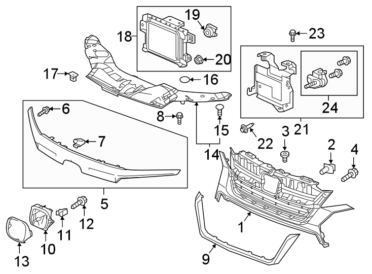 Front bumper & grille. Grille & components.