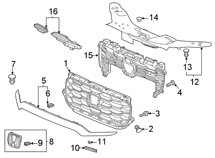 Front bumper & grille. Grille & components.