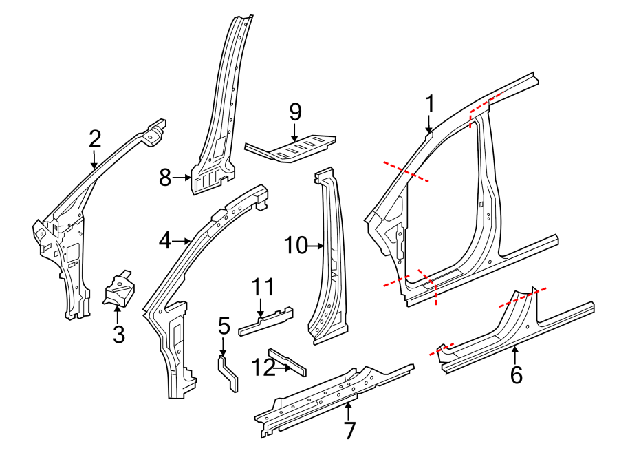 8Pillars. Rocker & floor. Aperture panel. Center pillar. Hinge pillar.https://images.simplepart.com/images/parts/motor/fullsize/4429460.png