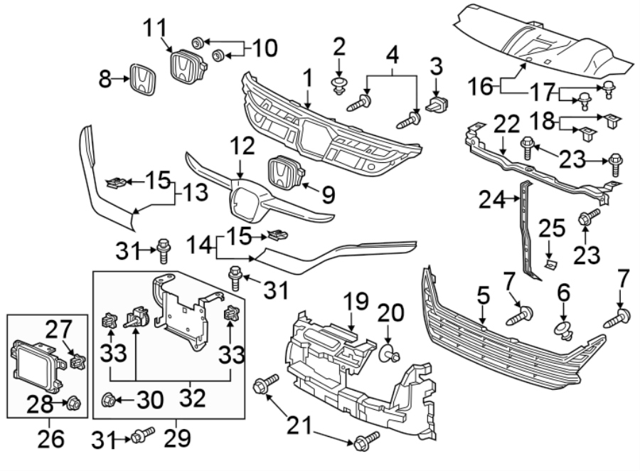 18Front bumper & grille. Grille & components.https://images.simplepart.com/images/parts/motor/fullsize/4433015.png