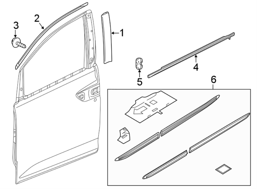 1Front door. Exterior trim.https://images.simplepart.com/images/parts/motor/fullsize/4433485.png