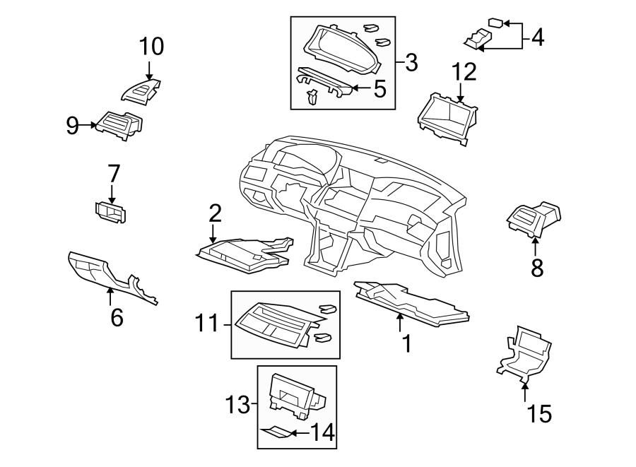 Rear bumper. Instrument panel components.