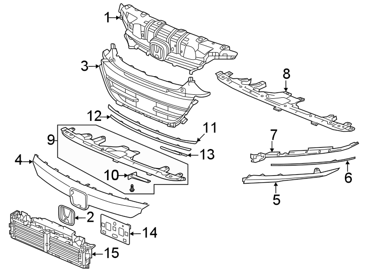 15Front bumper & grille. Grille & components.https://images.simplepart.com/images/parts/motor/fullsize/4446012.png